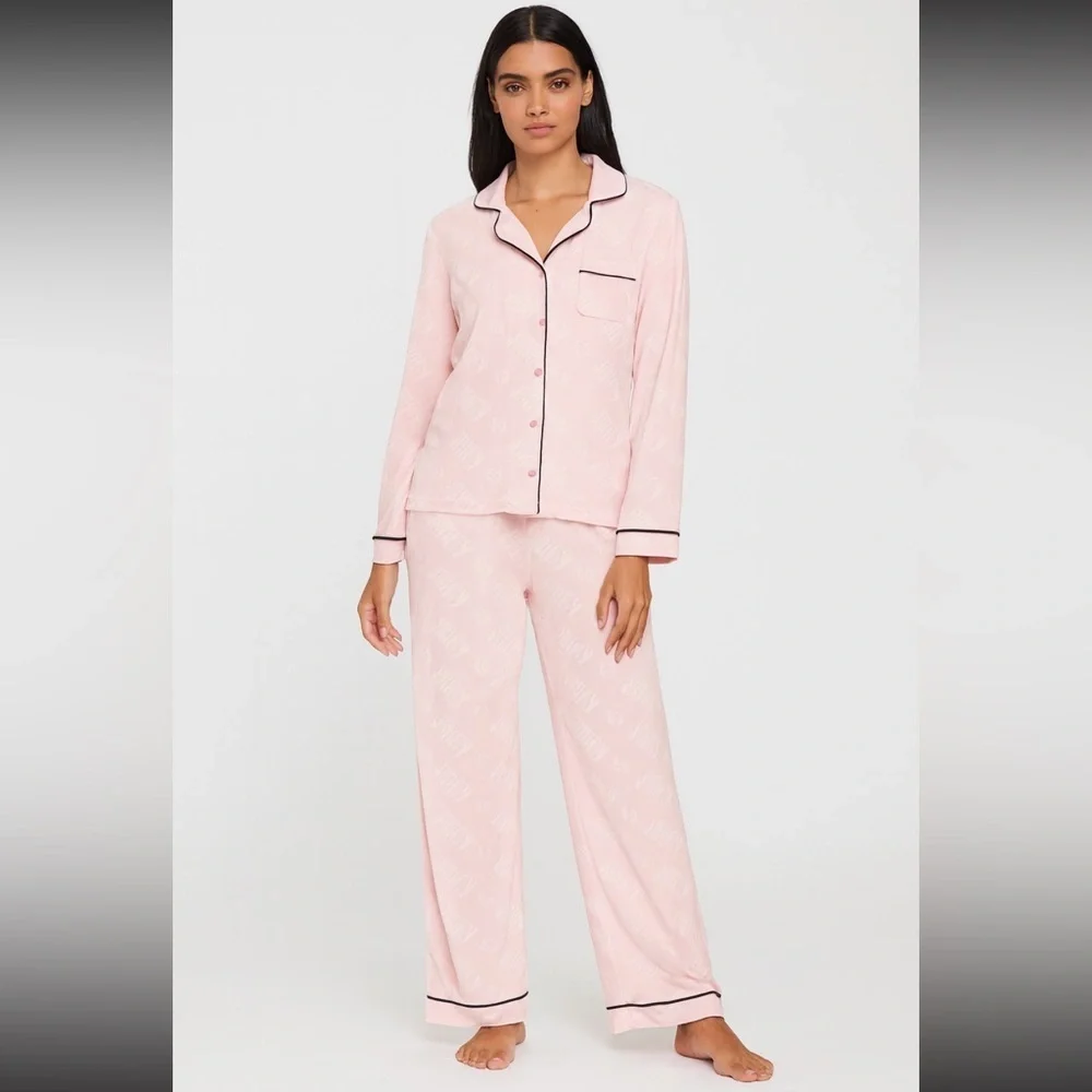 Juicy Couture Pink Polyester Button Down Blend Pajama Set Women’s Large